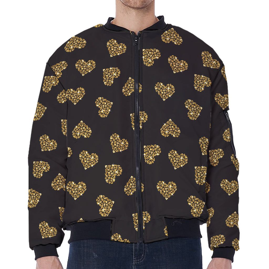 Gold Heart (NOT Real) Glitter Print Zip Sleeve Bomber Jacket