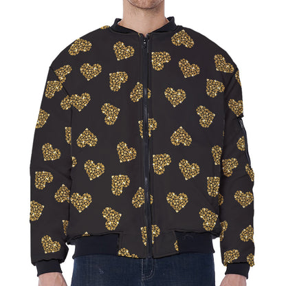 Gold Heart (NOT Real) Glitter Print Zip Sleeve Bomber Jacket