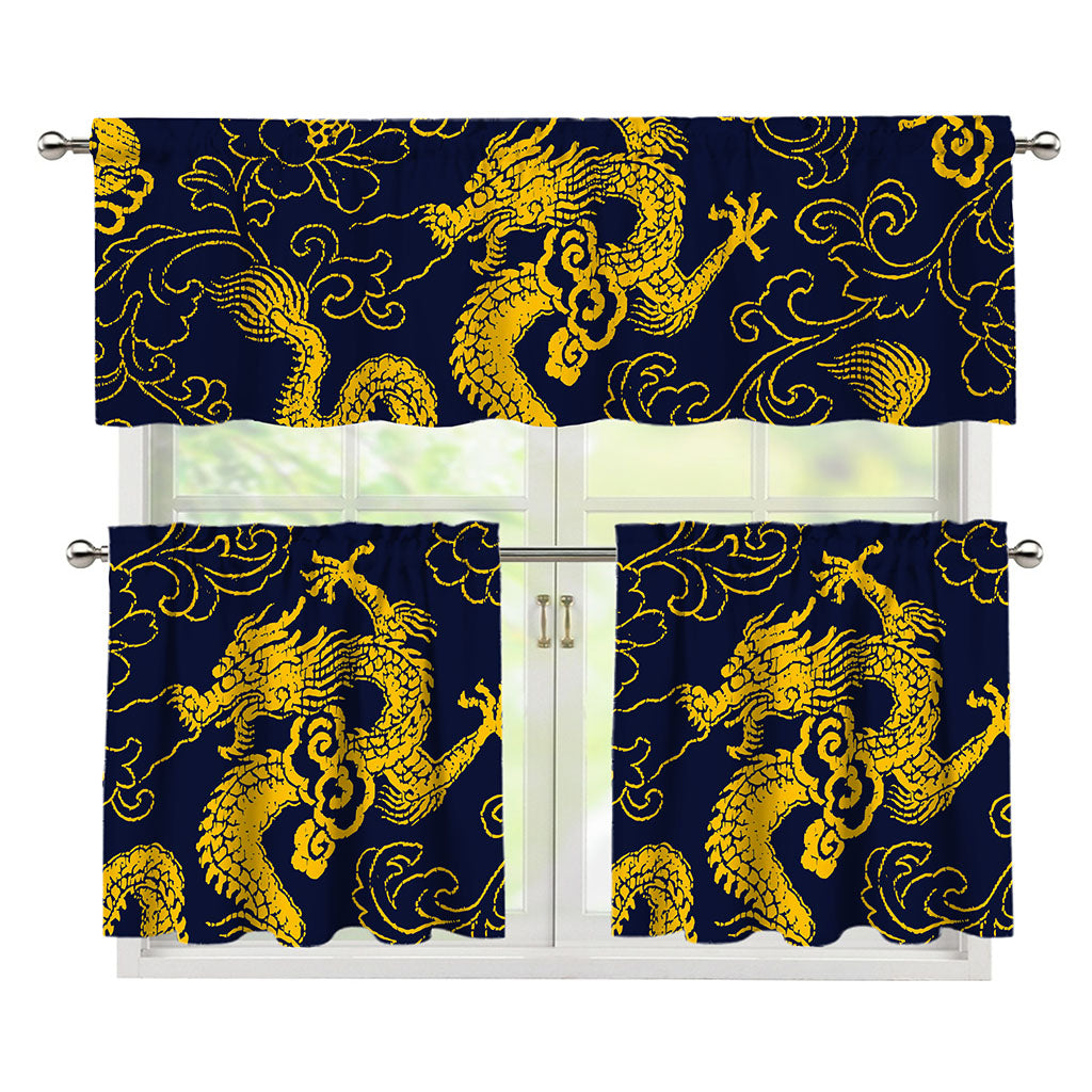 Gold Japanese Dragon Pattern Print 3 Piece Kitchen Curtains