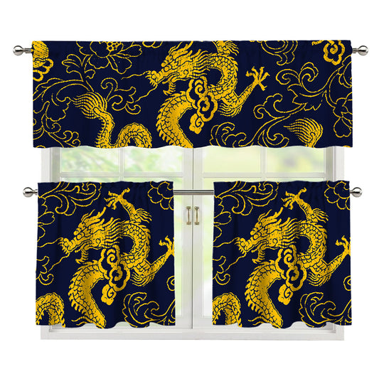Gold Japanese Dragon Pattern Print 3 Piece Kitchen Curtains