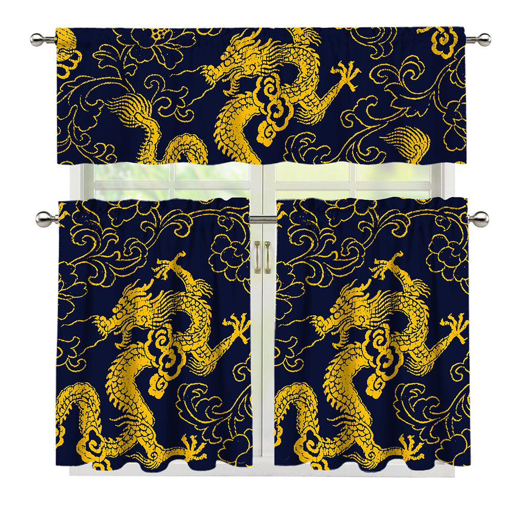 Gold Japanese Dragon Pattern Print 3 Piece Kitchen Curtains