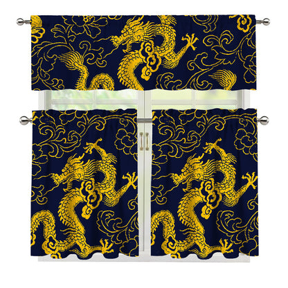Gold Japanese Dragon Pattern Print 3 Piece Kitchen Curtains
