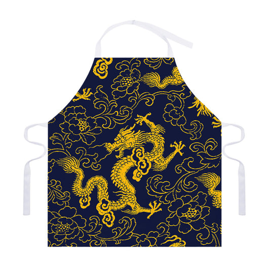 Gold Japanese Dragon Pattern Print Adjustable Apron