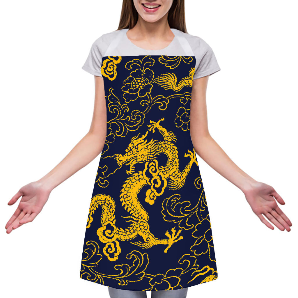 Gold Japanese Dragon Pattern Print Adjustable Apron