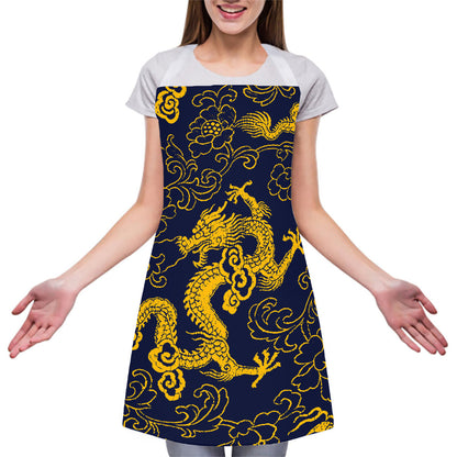 Gold Japanese Dragon Pattern Print Adjustable Apron