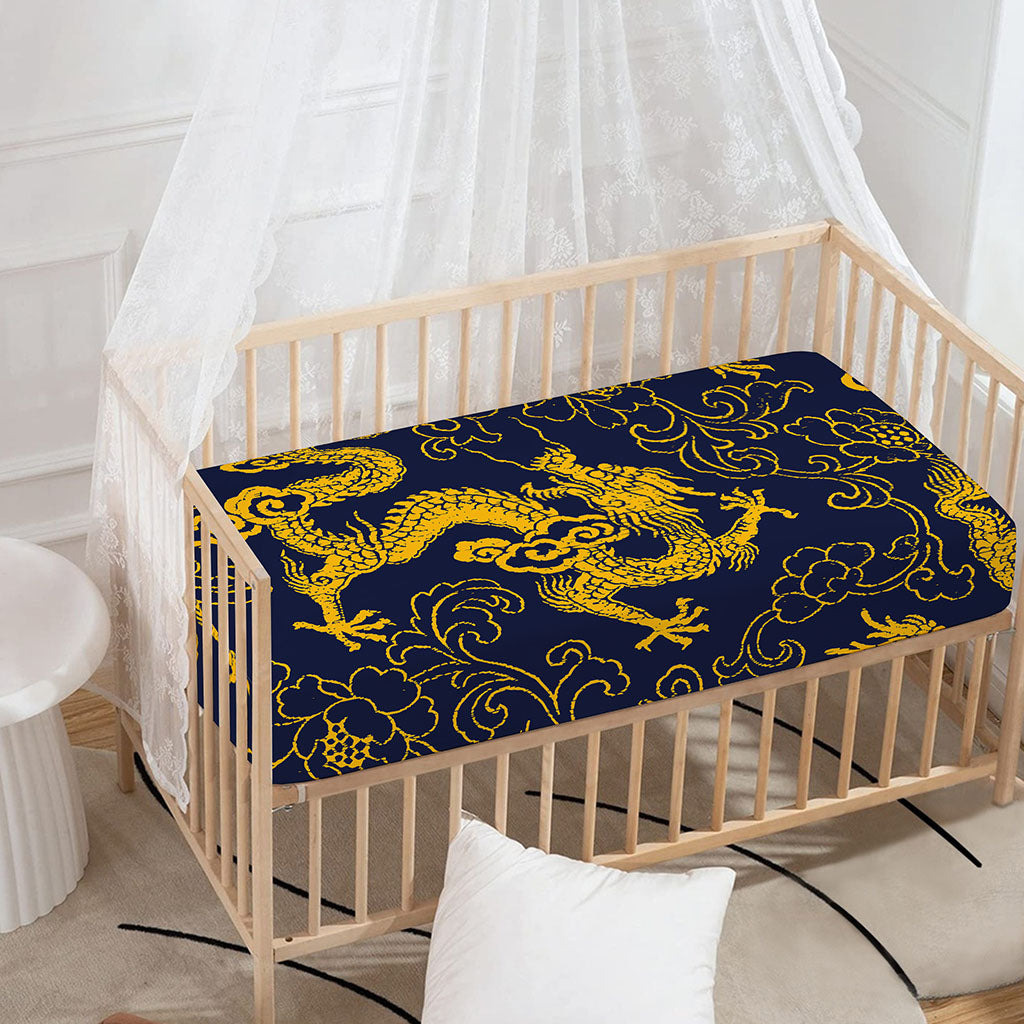 Gold Japanese Dragon Pattern Print Baby Crib Sheet