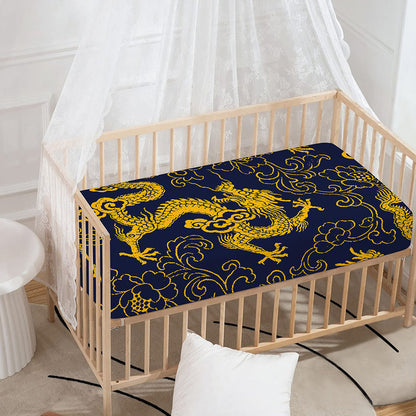 Gold Japanese Dragon Pattern Print Baby Crib Sheet