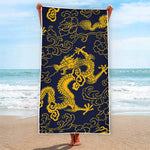 Gold Japanese Dragon Pattern Print Beach Towel