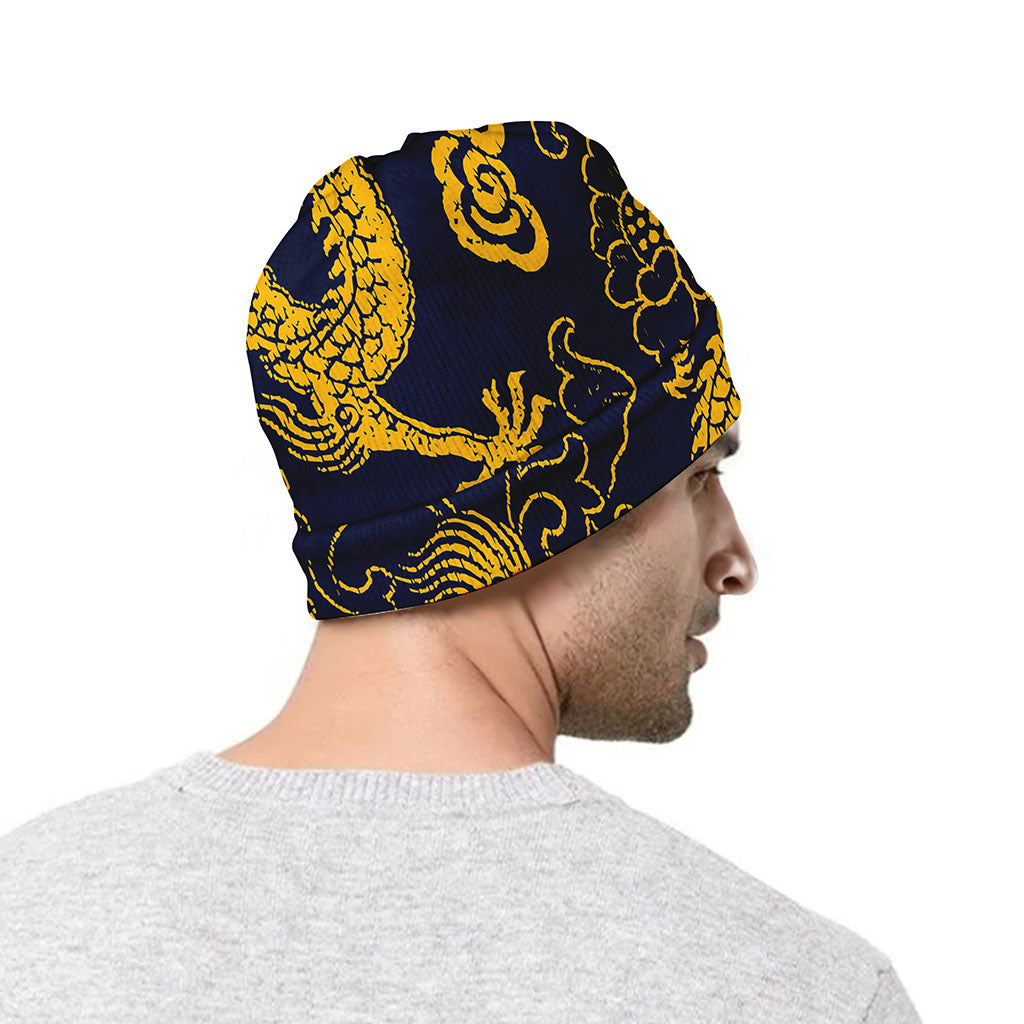 Gold Japanese Dragon Pattern Print Beanie