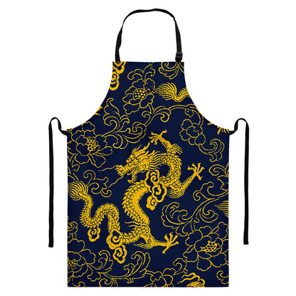 Gold Japanese Dragon Pattern Print Bib Apron With Pocket