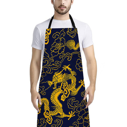Gold Japanese Dragon Pattern Print Bib Apron With Pocket