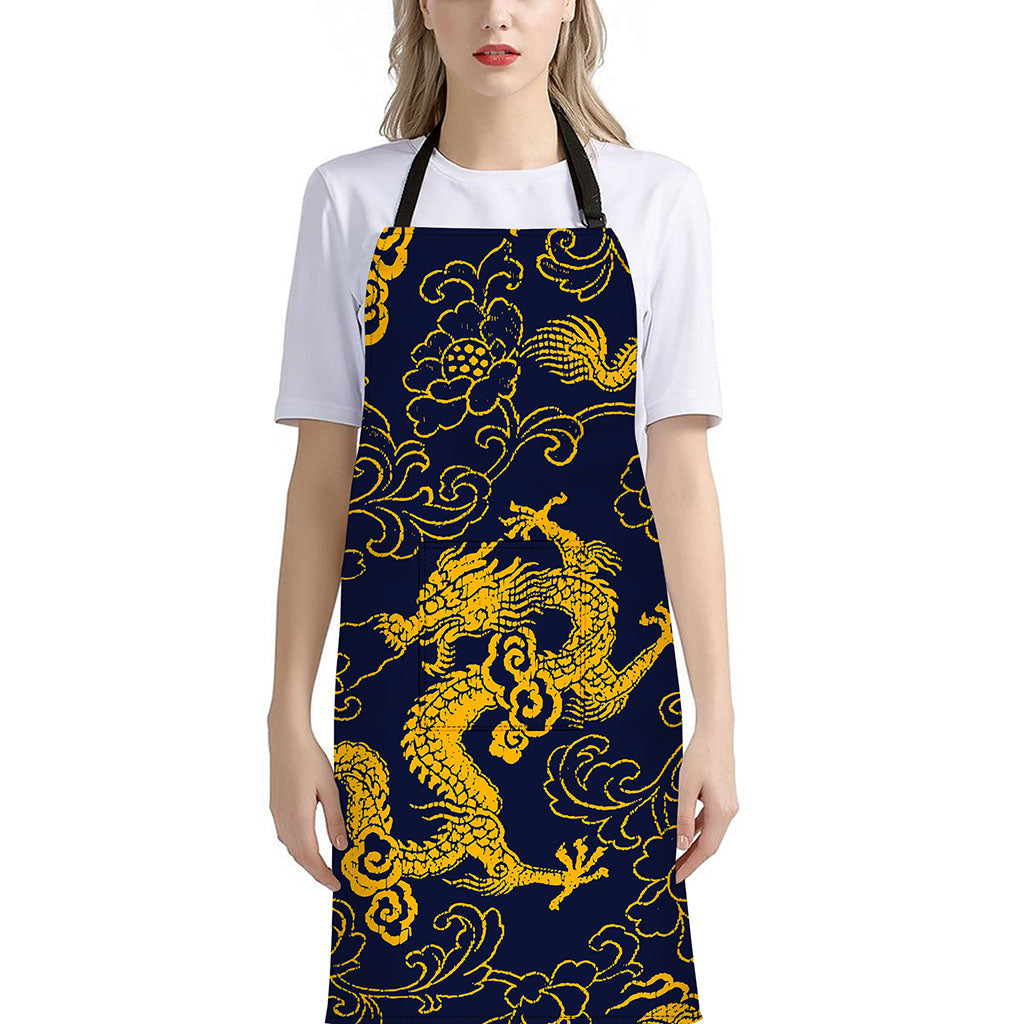 Gold Japanese Dragon Pattern Print Bib Apron With Pocket