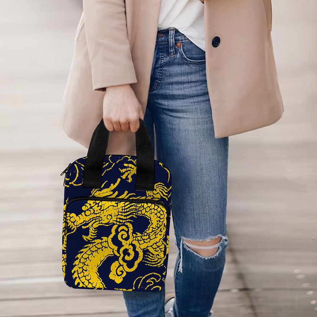 Gold Japanese Dragon Pattern Print Bible Tote Bag