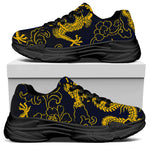 Gold Japanese Dragon Pattern Print Black Chunky Shoes