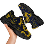 Gold Japanese Dragon Pattern Print Black Chunky Shoes