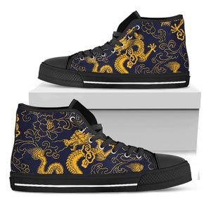 Gold Japanese Dragon Pattern Print Black High Top Sneakers