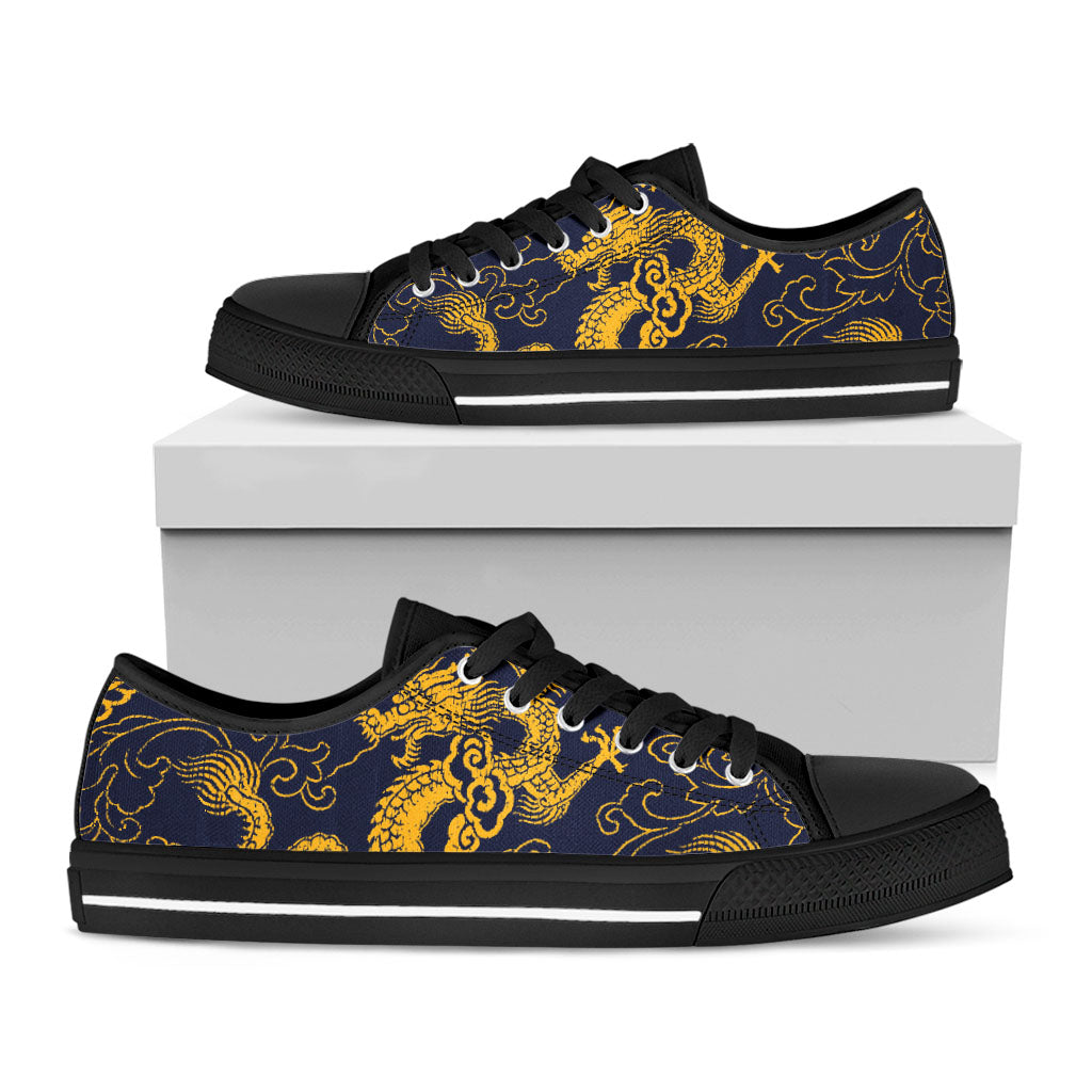 Gold Japanese Dragon Pattern Print Black Low Top Sneakers