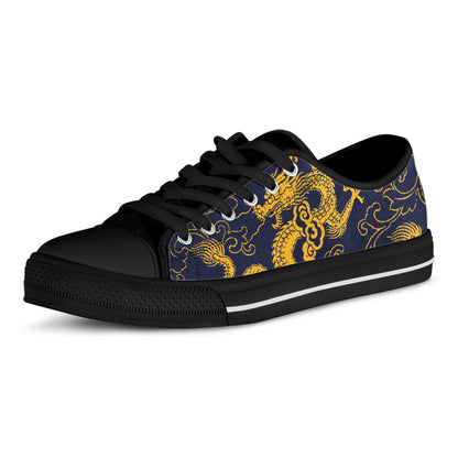 Gold Japanese Dragon Pattern Print Black Low Top Sneakers