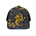 Gold Japanese Dragon Pattern Print Black Mesh Trucker Hat