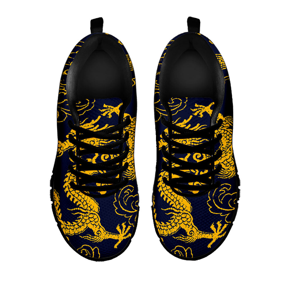 Gold Japanese Dragon Pattern Print Black Running Shoes