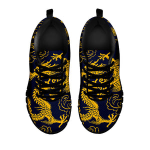 Gold Japanese Dragon Pattern Print Black Running Shoes