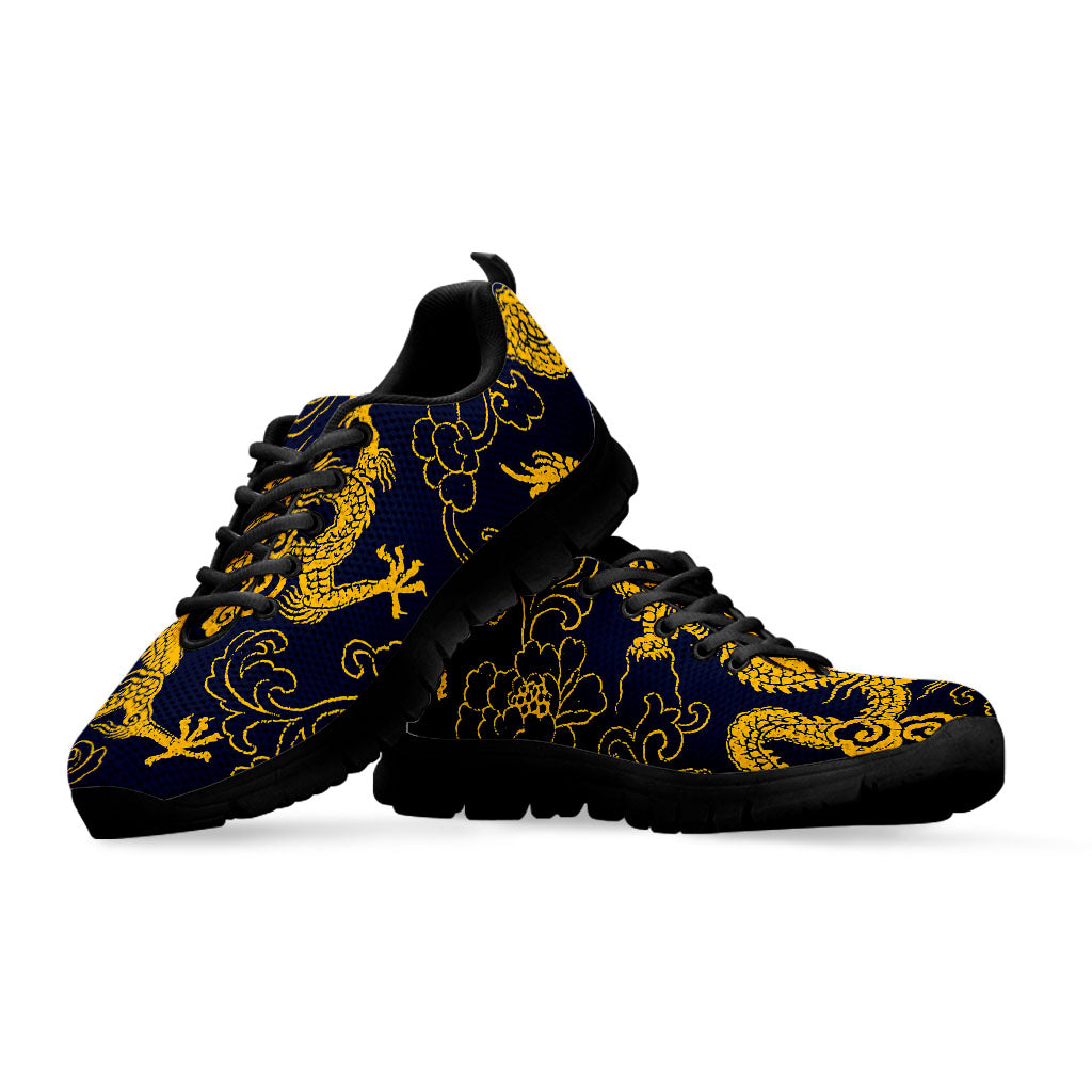 Gold Japanese Dragon Pattern Print Black Running Shoes