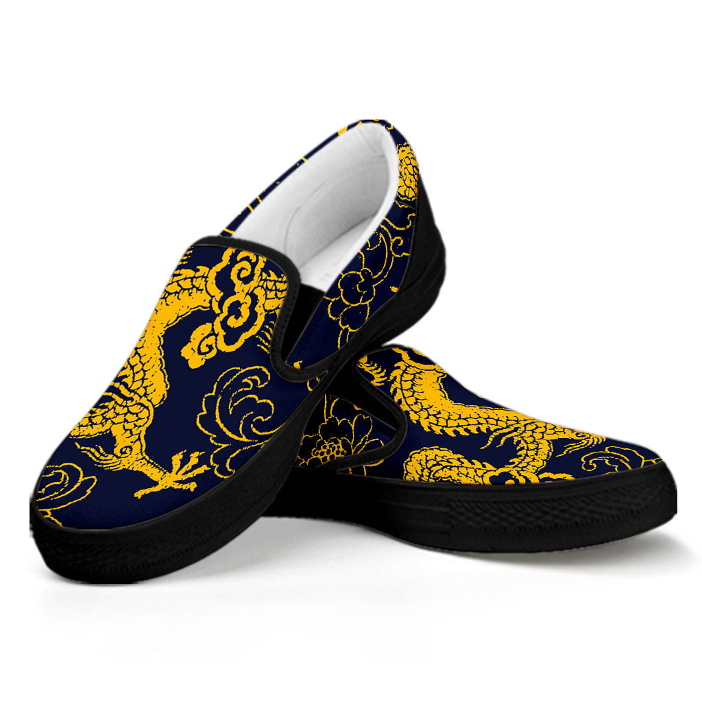 Gold Japanese Dragon Pattern Print Black Slip On Sneakers