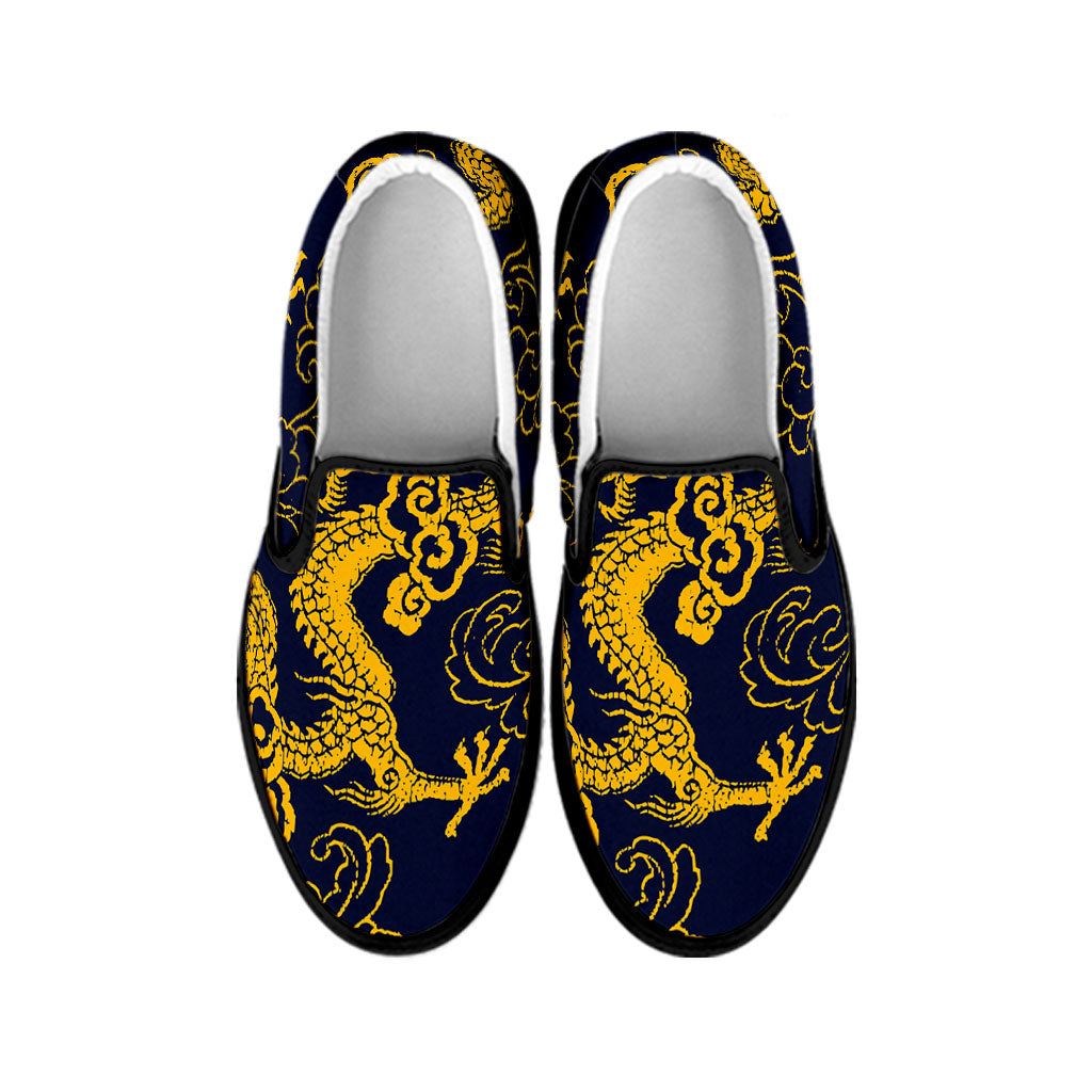 Gold Japanese Dragon Pattern Print Black Slip On Sneakers