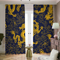 Gold Japanese Dragon Pattern Print Dimout Pencil Pleat Curtains