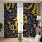 Gold Japanese Dragon Pattern Print Blackout Pencil Pleat Curtains