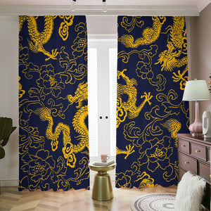 Gold Japanese Dragon Pattern Print Blackout Pencil Pleat Curtains