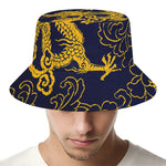 Gold Japanese Dragon Pattern Print Bucket Hat