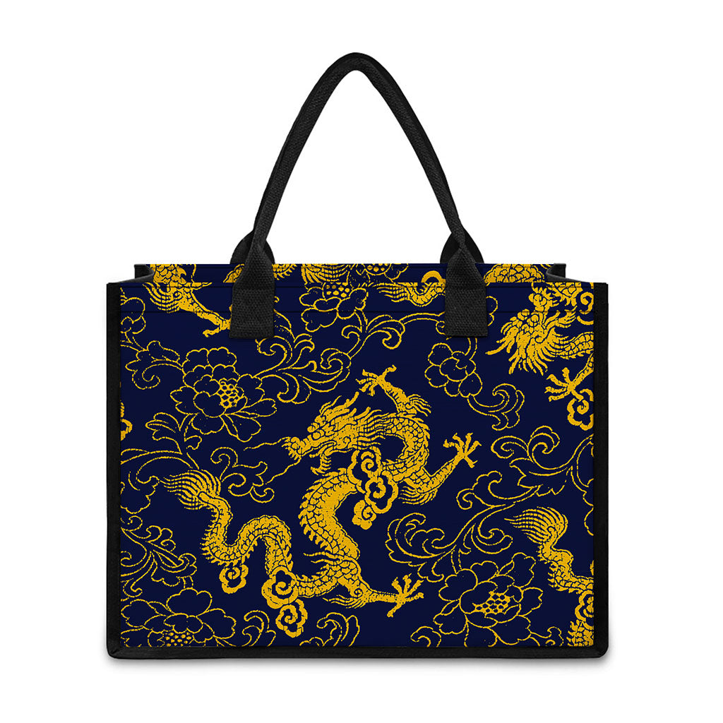 Gold Japanese Dragon Pattern Print Canvas Tote Bag