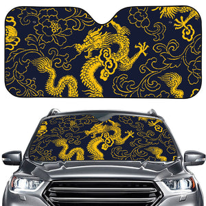 Gold Japanese Dragon Pattern Print Car Windshield Sun Shade