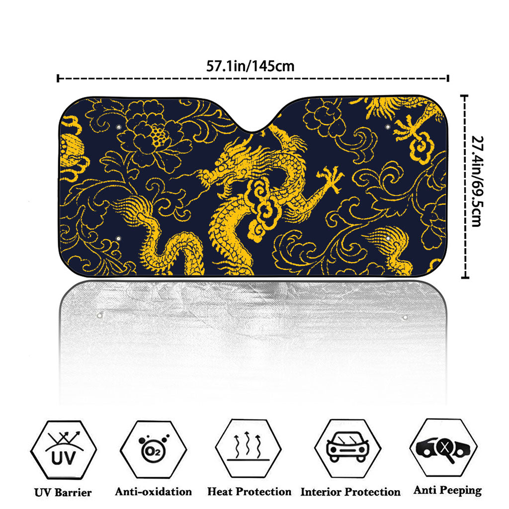 Gold Japanese Dragon Pattern Print Car Windshield Sun Shade