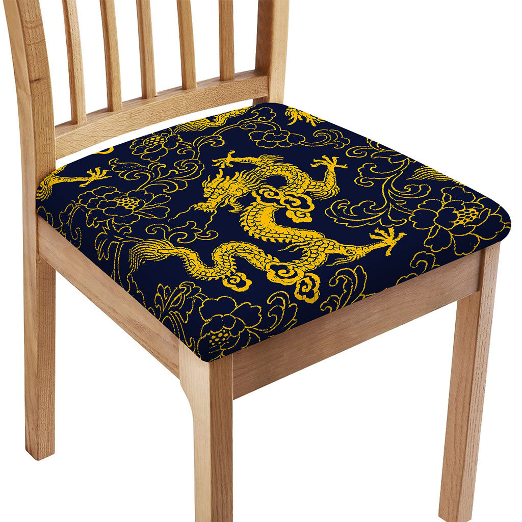 Gold Japanese Dragon Pattern Print Chair Cushion Cover