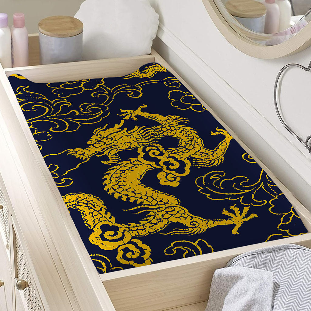 Gold Japanese Dragon Pattern Print Changing Pad Cover