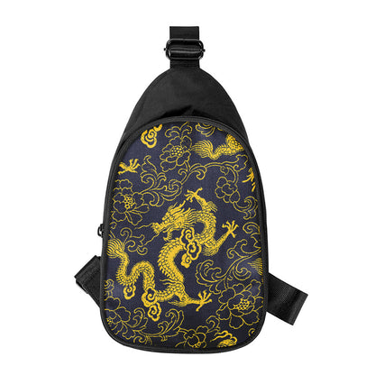 Gold Japanese Dragon Pattern Print Chest Bag