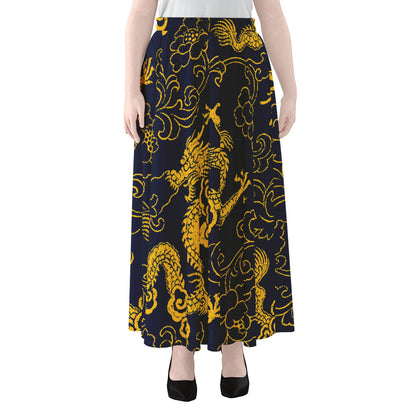Gold Japanese Dragon Pattern Print Chiffon Maxi Skirt