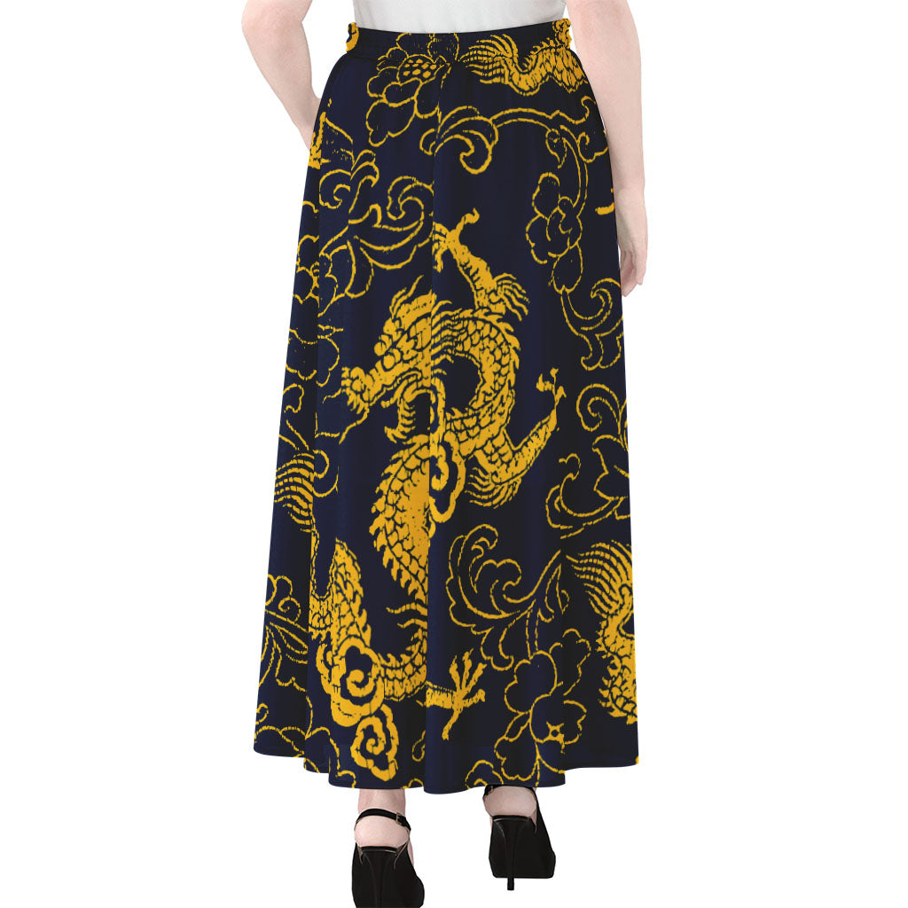 Gold Japanese Dragon Pattern Print Chiffon Maxi Skirt