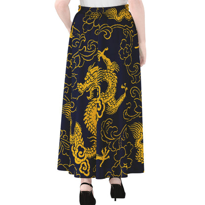 Gold Japanese Dragon Pattern Print Chiffon Maxi Skirt