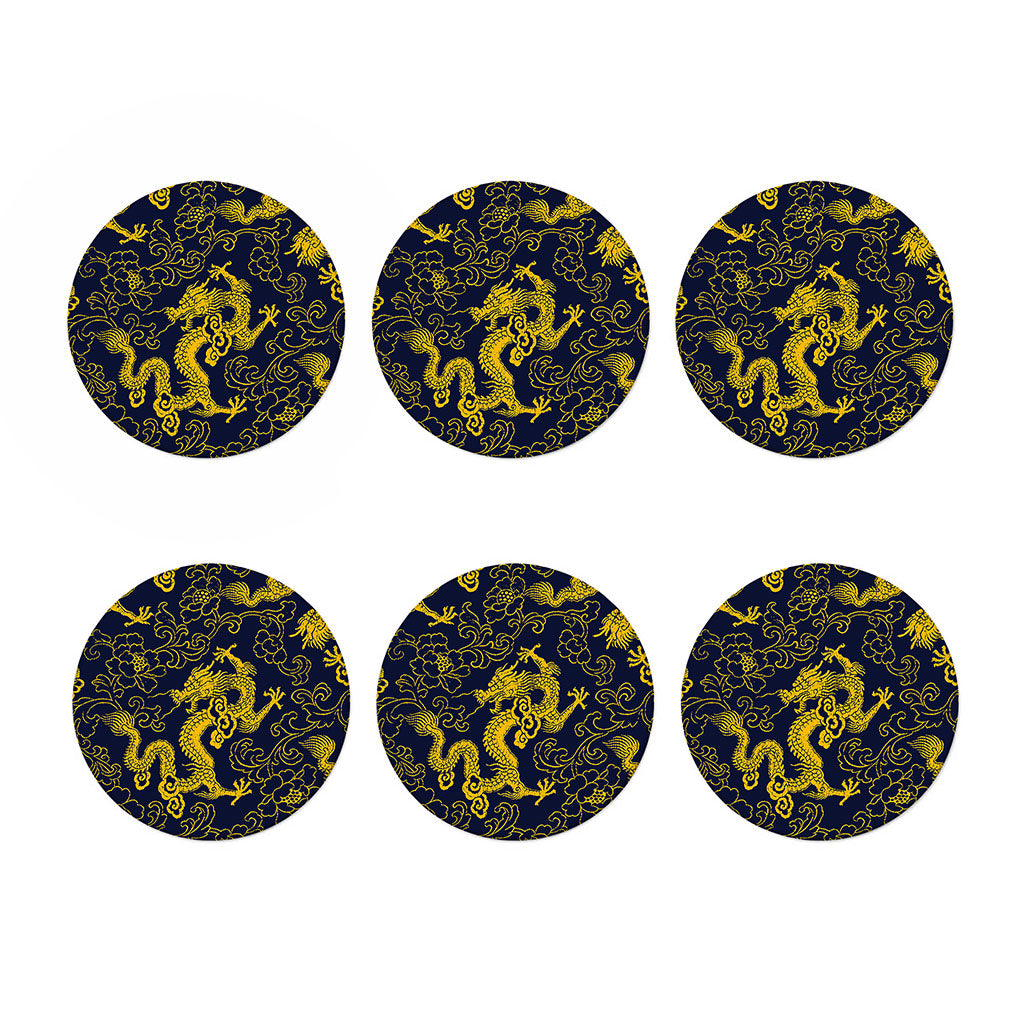 Gold Japanese Dragon Pattern Print Coaster Set