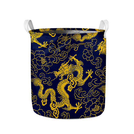 Gold Japanese Dragon Pattern Print Collapsible Laundry Basket
