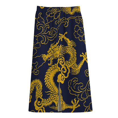 Gold Japanese Dragon Pattern Print Cotton Front Slit Maxi Skirt