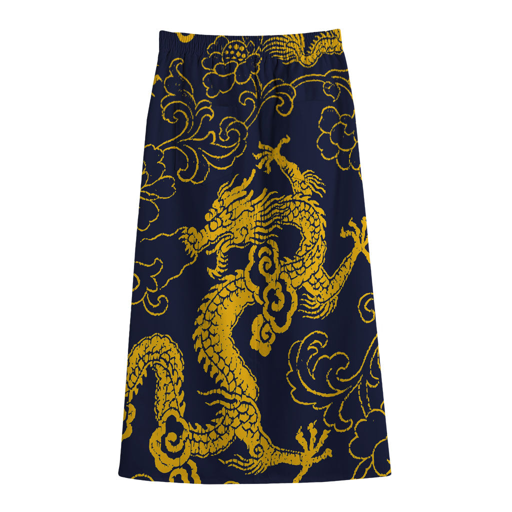 Gold Japanese Dragon Pattern Print Cotton Front Slit Maxi Skirt