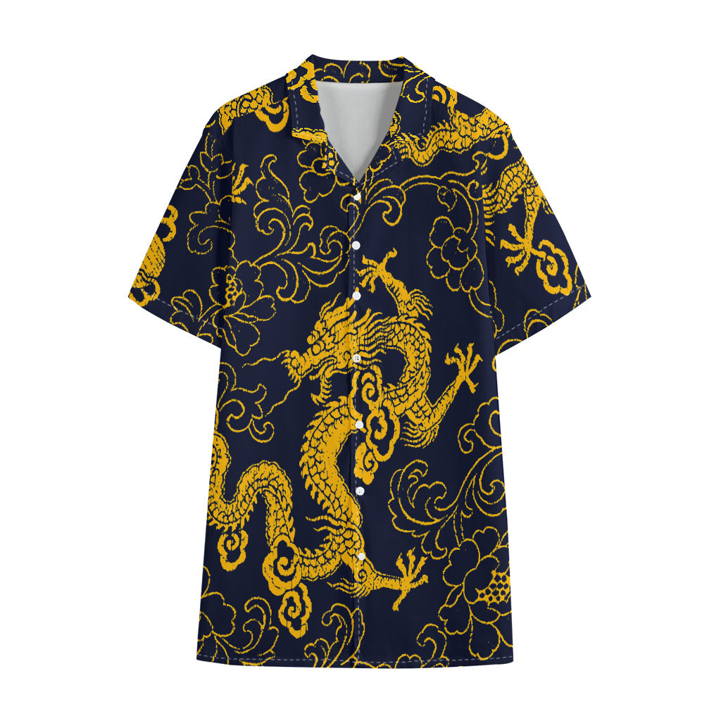Gold Japanese Dragon Pattern Print Cotton Hawaiian Shirt