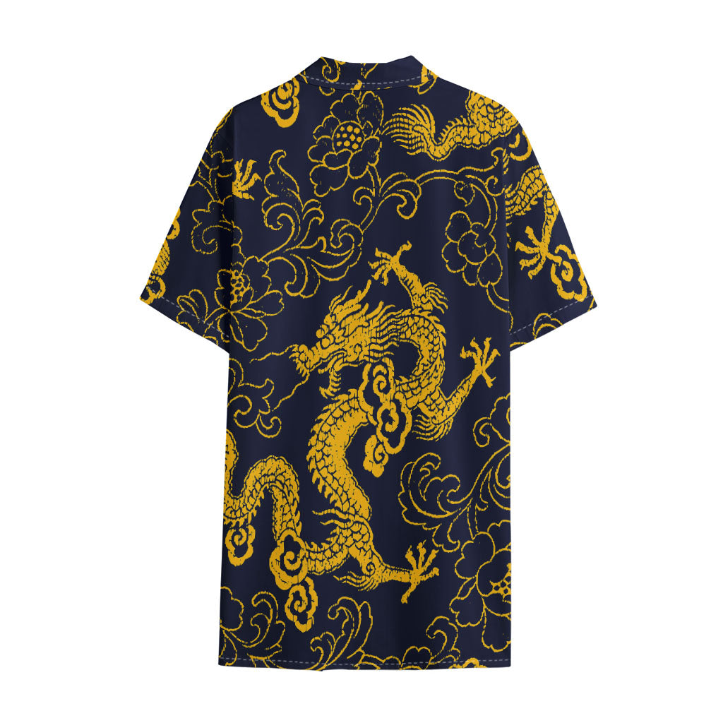 Gold Japanese Dragon Pattern Print Cotton Hawaiian Shirt