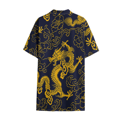 Gold Japanese Dragon Pattern Print Cotton Hawaiian Shirt