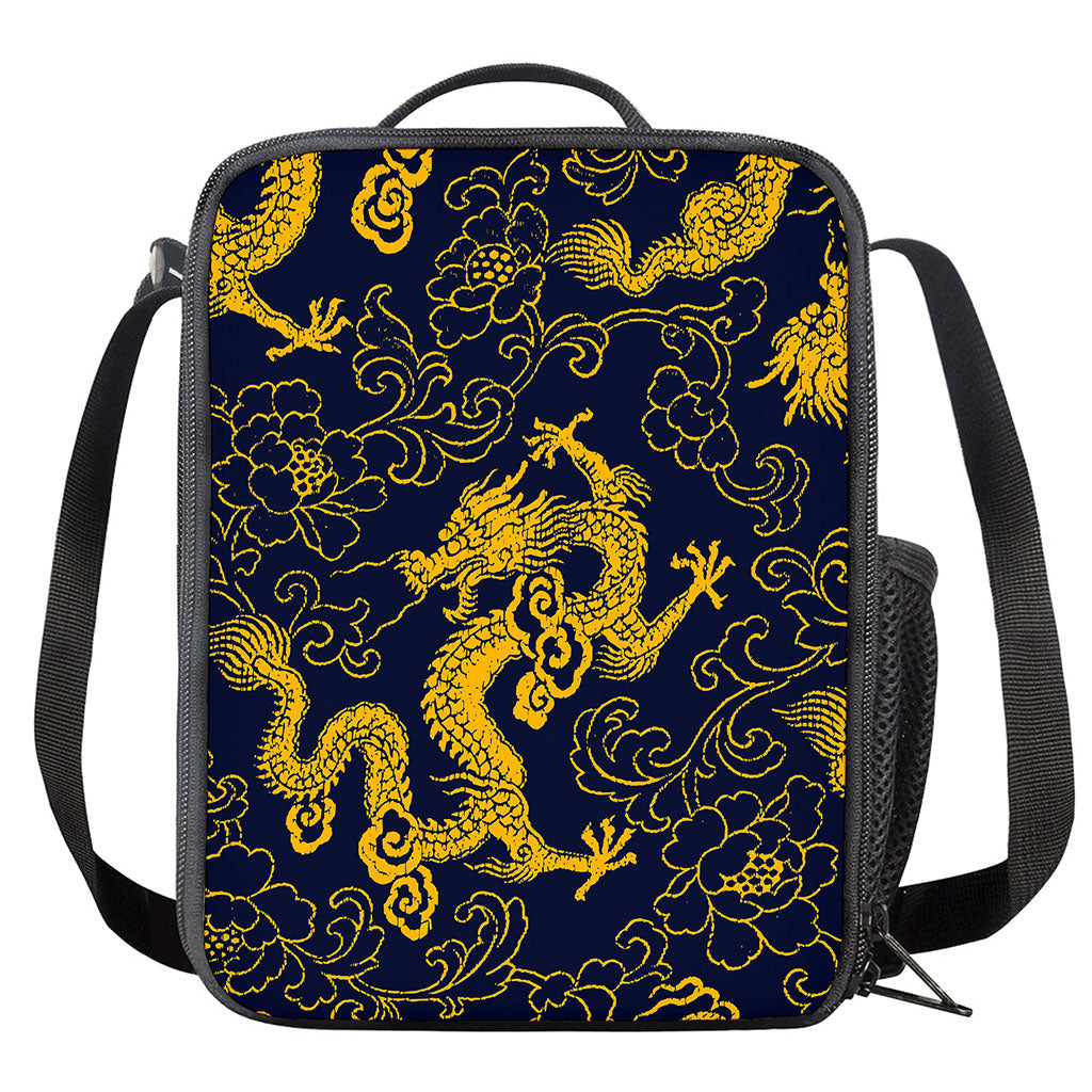 Gold Japanese Dragon Pattern Print Crossbody Lunch Bag