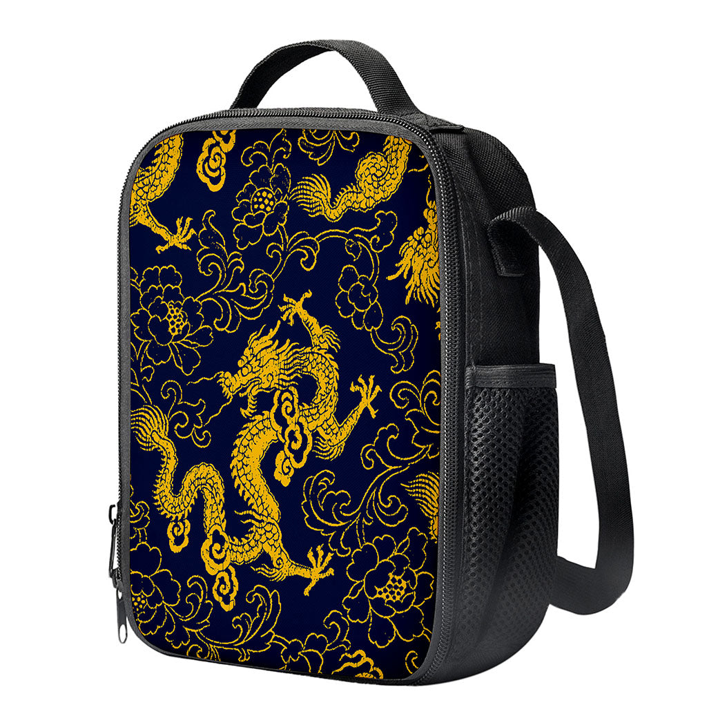 Gold Japanese Dragon Pattern Print Crossbody Lunch Bag